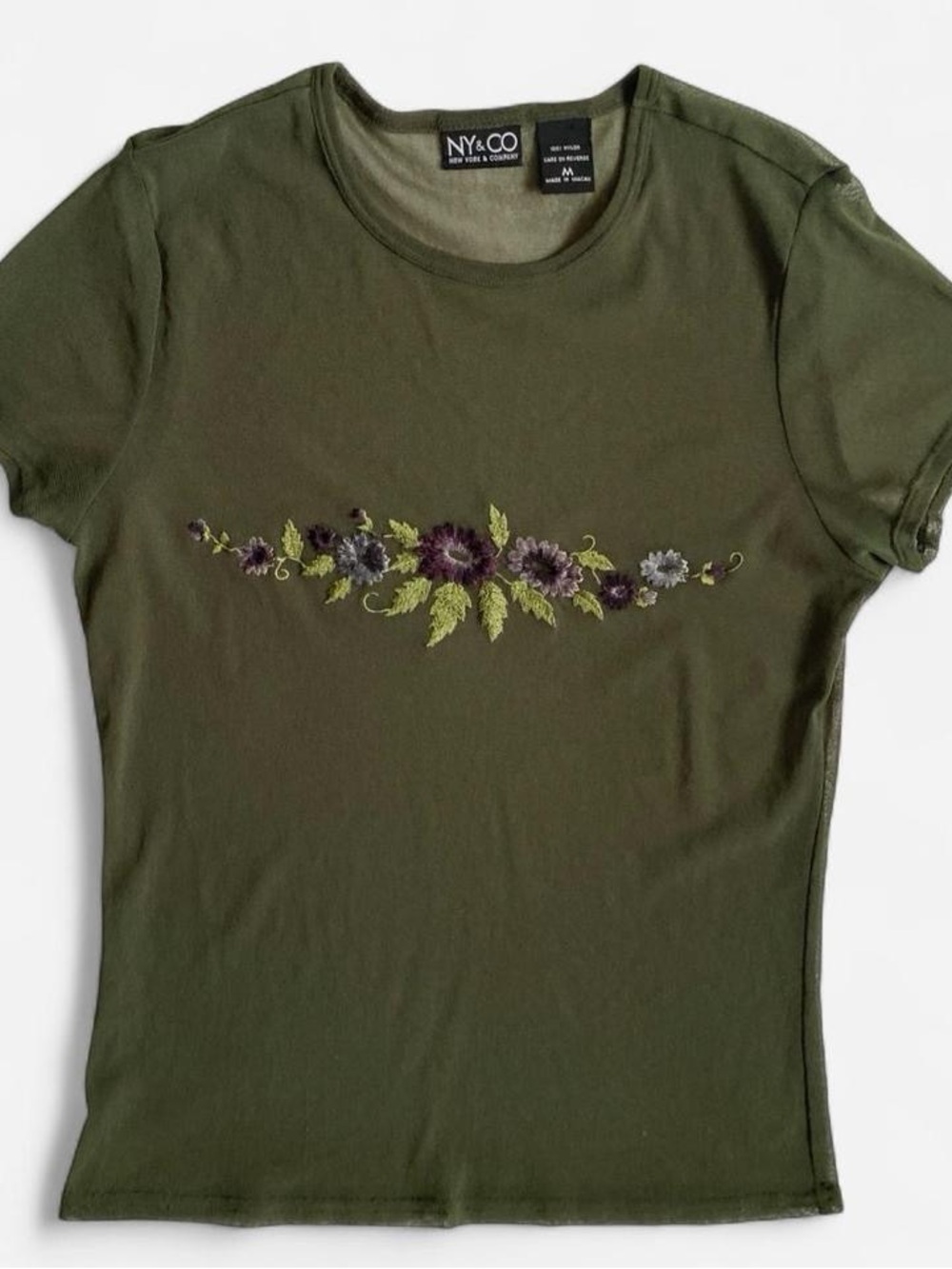 Vintage Y2K olive green sheer mesh floral top